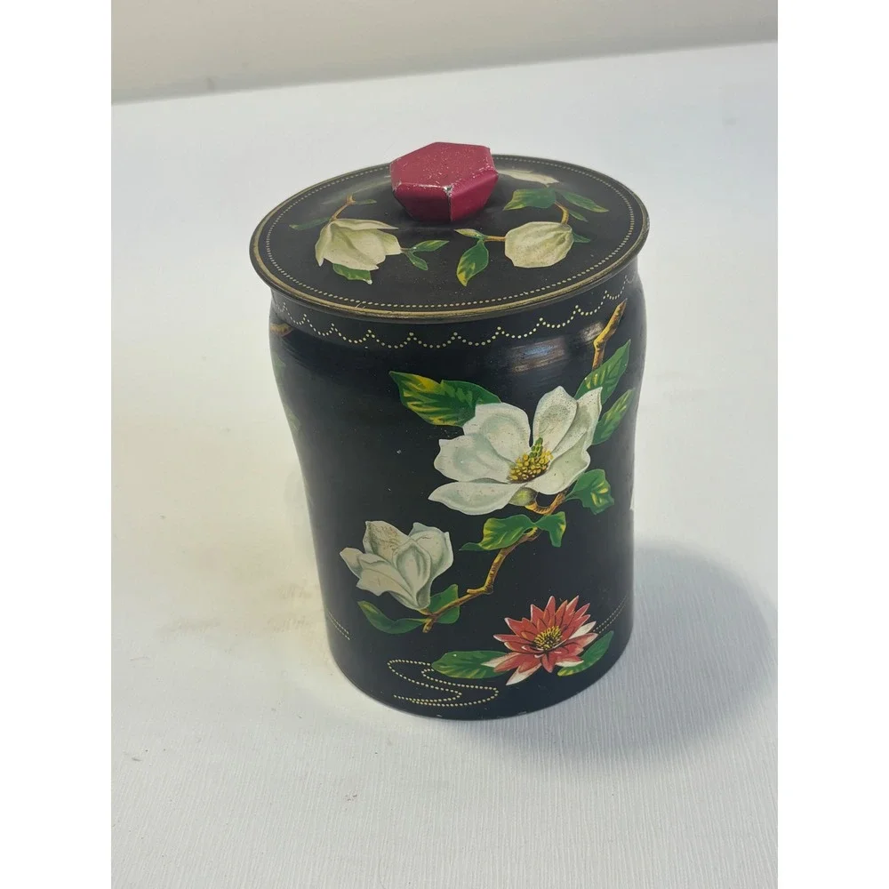 Vintage George W Horner Magnolia Floral Toffee Tin Made in England Black‎ Metal